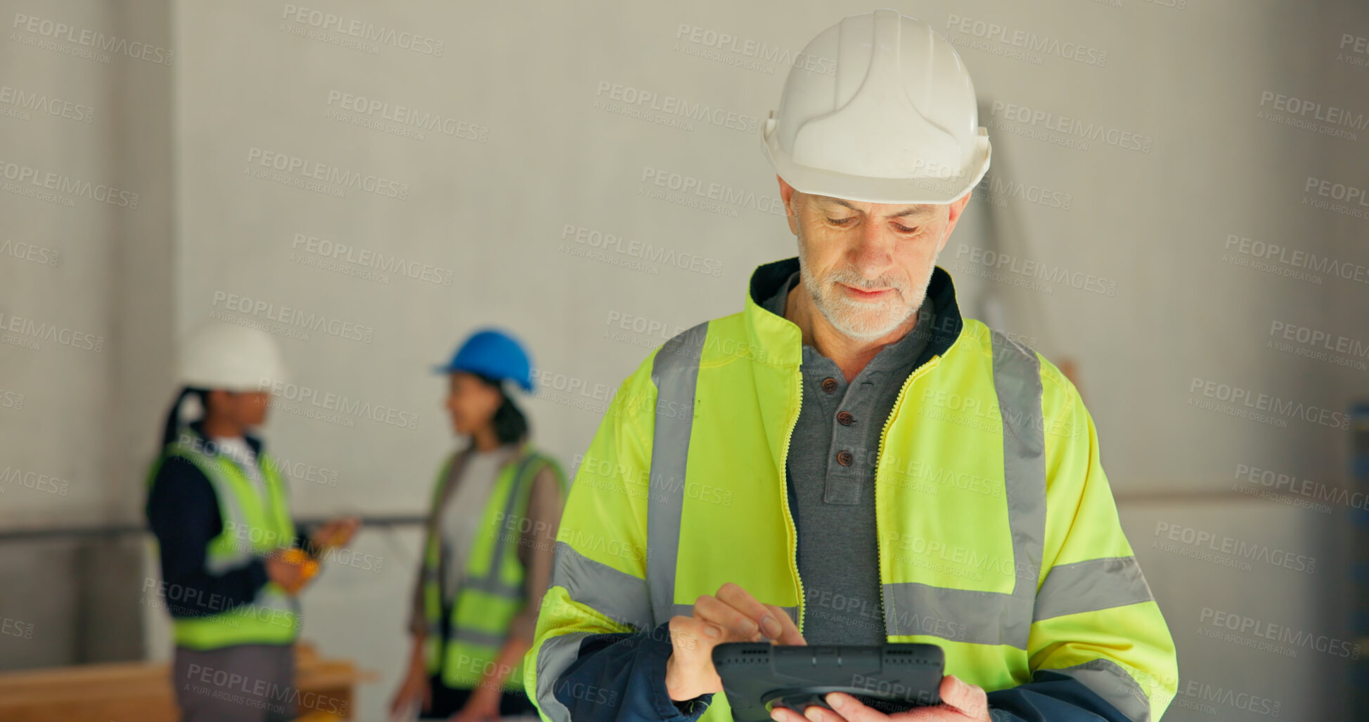 Buy stock photo Man, review or engineer at worksite with tablet, project management or digital plan for renovation. Mature supervisor, tech or scroll at site for building development, remodeling update or checklist