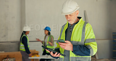 Buy stock photo Phone, engineer and man at site for construction, progress update or development schedule. Tech, civil engineering and mature person with building message, architecture or reading email with tablet