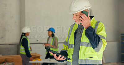 Buy stock photo Man, phone call or engineer at worksite with tablet, project update or digital checklist for order. Mature supervisor, planning or tech at site for building development, supplier contact or feedback