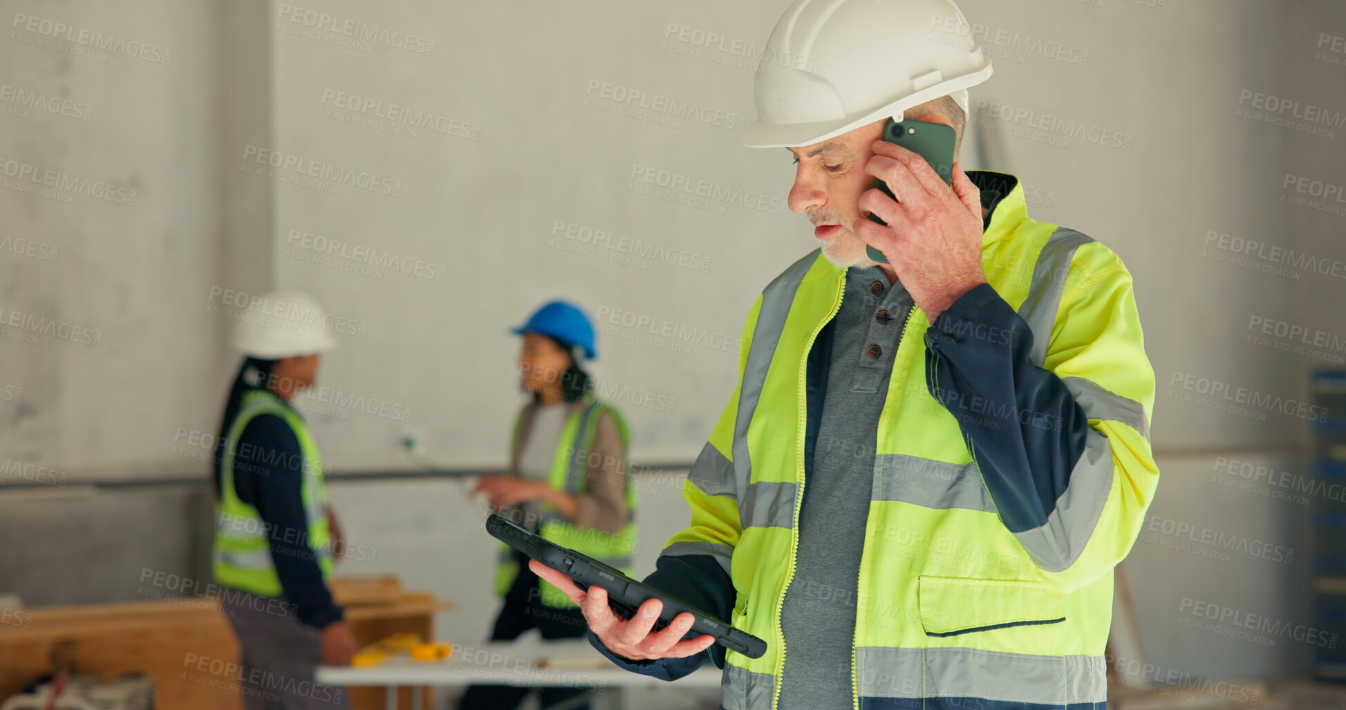 Buy stock photo Man, phone call or engineer at worksite with tablet, project update or digital checklist for order. Mature supervisor, planning or tech at site for building development, supplier contact or feedback