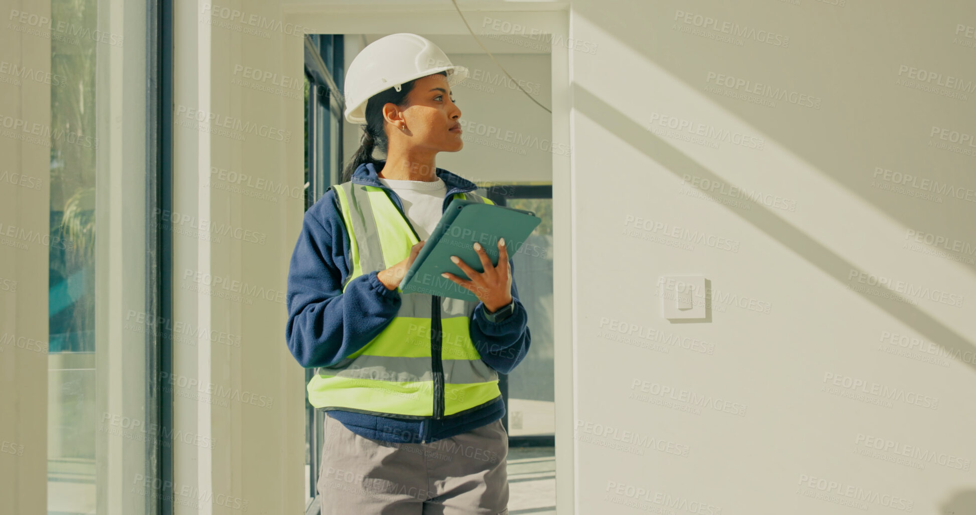 Buy stock photo Inspection, engineer and woman with tablet for property renovation, progress check or plan. Tech, engineering and person think in building for construction quality control, site remodeling or space