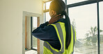 Woman, architect or neck pain on construction site for building injury or overworked strain. Female person, contractor or civil engineer with sore spine or ache for muscle tension, pressure or stress