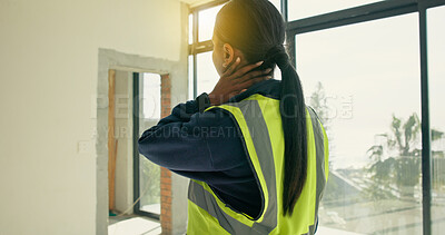 Buy stock photo Woman, architect or neck pain on construction site for building injury or overworked strain. Female person, contractor or civil engineer with sore spine or ache for muscle tension, pressure or stress