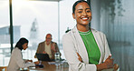 Happy, woman and secretary with confidence in boardroom for planning assistant or meeting schedule. Portrait, female person or admin with smile or arms crossed for business management or arrangement