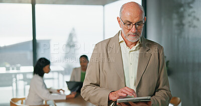 Buy stock photo Tablet, scroll and mature man in office with research, business sustainability and carbon footprint. Manager, person and risk assessment in workplace with tech, CSR report or plan for zero emissions.