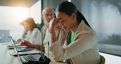 Buy stock photo Telemarketing, stress and woman in office with headache, team concern and burnout from sales career. Coworking, tired person and consultant in call center with migraine, crisis and worried coworker.