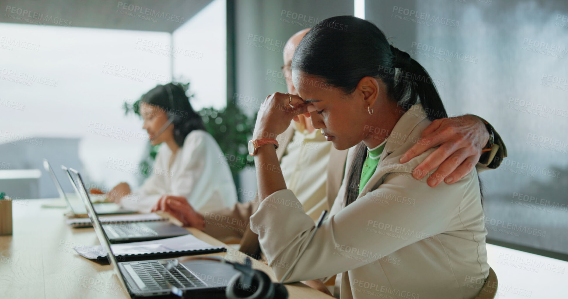 Buy stock photo Telemarketing, stress and coworker comfort woman with headache, support or burnout from sales career. Coworking, person and consultant in call center with migraine, error and sympathy from colleague.