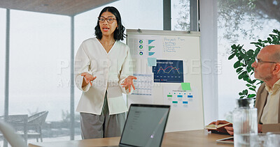 Buy stock photo Woman, presentation and meeting with team for business analytics, statistics or performance review. Female person, speaker or discussion with group, graph or analysis for project budget in workplace