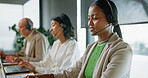 Business, agent and woman with headset in call center for online customer support or advice. Female person, consultant and communication with mic for virtual assistance or contact service in agency