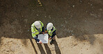 Engineer, team and outdoor with blueprint for construction, foundation and geotechnical compliance. Above, space or people at site with design review, engineering or soil inspection for building plan