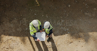 Buy stock photo Engineer, team and outdoor with blueprint for construction, foundation and geotechnical compliance. Above, space or people at site with design review, engineering or soil inspection for building plan