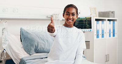 Buy stock photo Girl, patient and thumbs up in hospital bed for medical recovery, good news or treatment success. Portrait, child or kid with smile, like emoji or yes sign for clinic discharge, approval or done