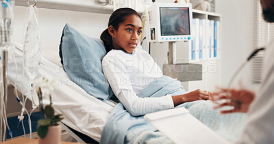 Buy stock photo Doctor, advice and child in hospital bed with checkup, assistance or update for healing from disease. Healthcare worker, sick girl and listen in clinic with wellness feedback, help and recovery.