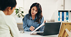 Woman, doctor and consultation with clipboard for health insurance, advice or medical consent. Female people, client and paperwork with checklist or form for healthcare plan or treatment in clinic