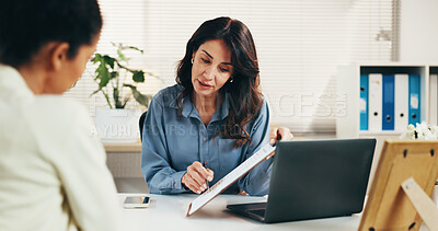 Buy stock photo Woman, doctor and consultation with clipboard for health insurance, advice or medical consent. Female people, client and paperwork with checklist or form for healthcare plan or treatment in clinic