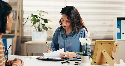Buy stock photo Woman, doctor and writing with patient sick note in clinic for medical diagnosis or prescription. Female person, client and document with checklist for healthcare assistance, consultation or advice