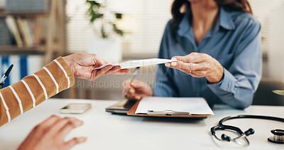 Buy stock photo Hands, doctor and patient with sick note in clinic office for medical diagnosis or prescription. Woman, client and document with checklist for healthcare assistance, consultation or health advice