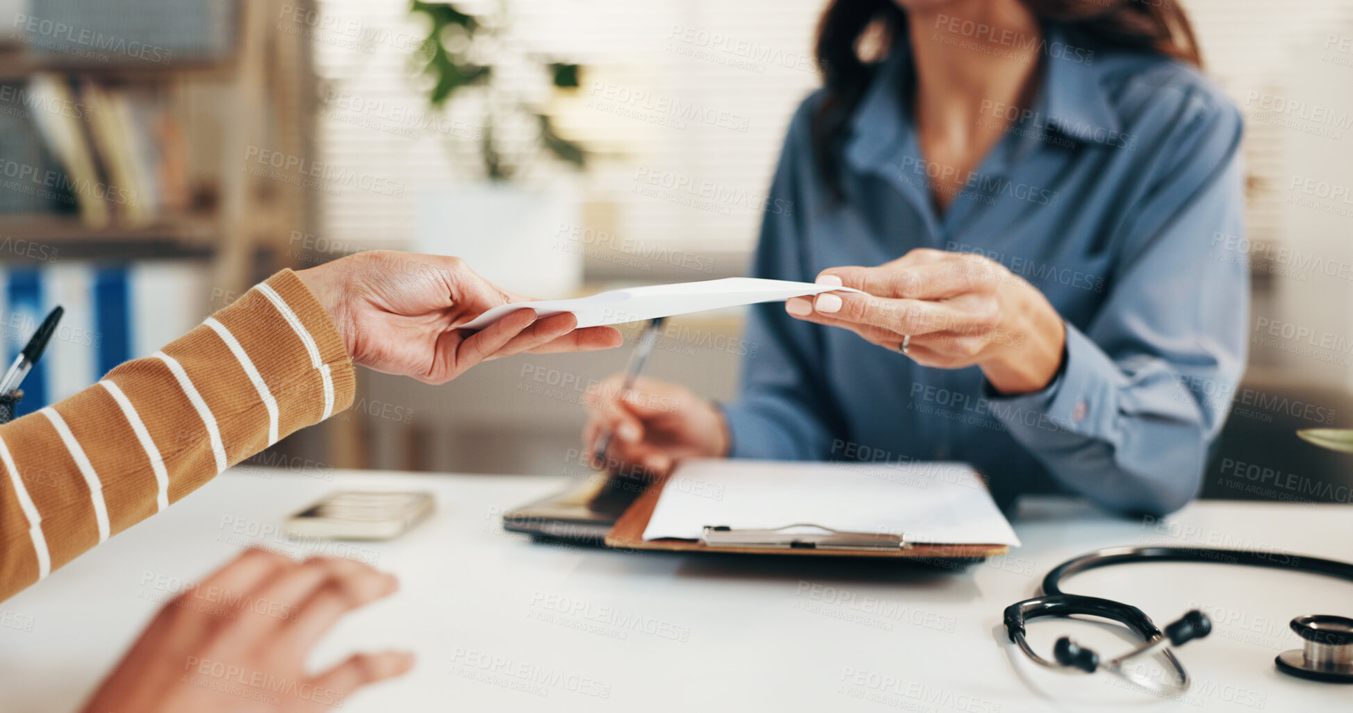 Buy stock photo Hands, doctor and patient with sick note in clinic office for medical diagnosis or prescription. Woman, client and document with checklist for healthcare assistance, consultation or health advice