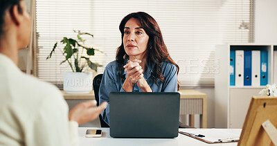 Buy stock photo Laptop, woman and consultation in office with client for insurance, risk assessment or listening. Computer, talking and mature advisor in meeting with person for policy, financial coverage and quote