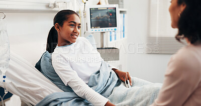 Buy stock photo Happy, mom and child in hospital bed with support, positivity or healthcare for healing from disease. Woman, daughter and smile in medical clinic with optimism, parent care or assurance for recovery.