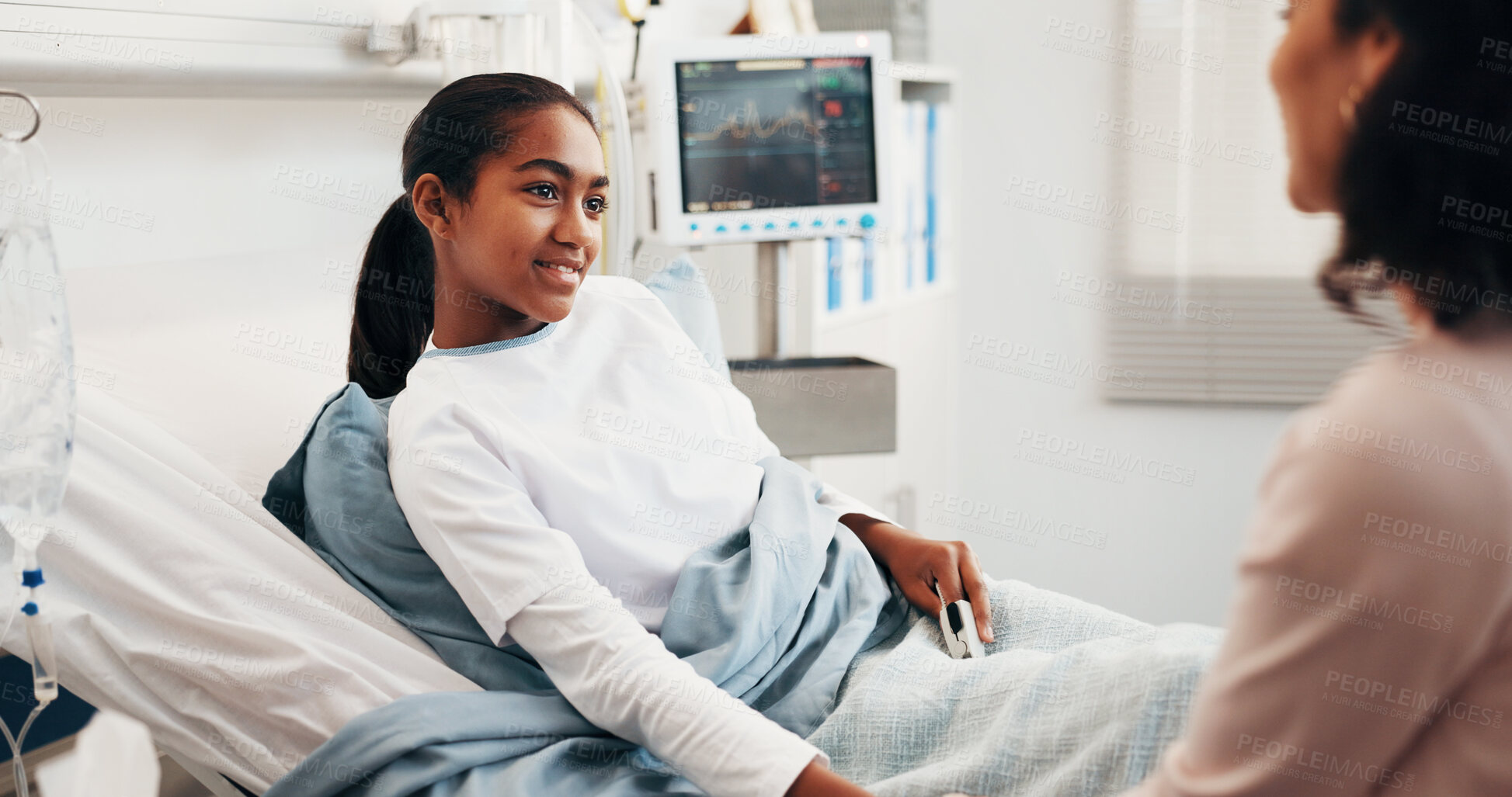 Buy stock photo Happy, mom and child in hospital bed with support, positivity or healthcare for healing from disease. Woman, daughter and smile in medical clinic with optimism, parent care or assurance for recovery.