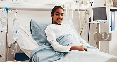 Buy stock photo Medical, smile or kid in hospital bed with portrait, clinical recovery or good mood in post surgery. Healthcare, patient or child with happy moment, positive attitude or healing in treatment progress