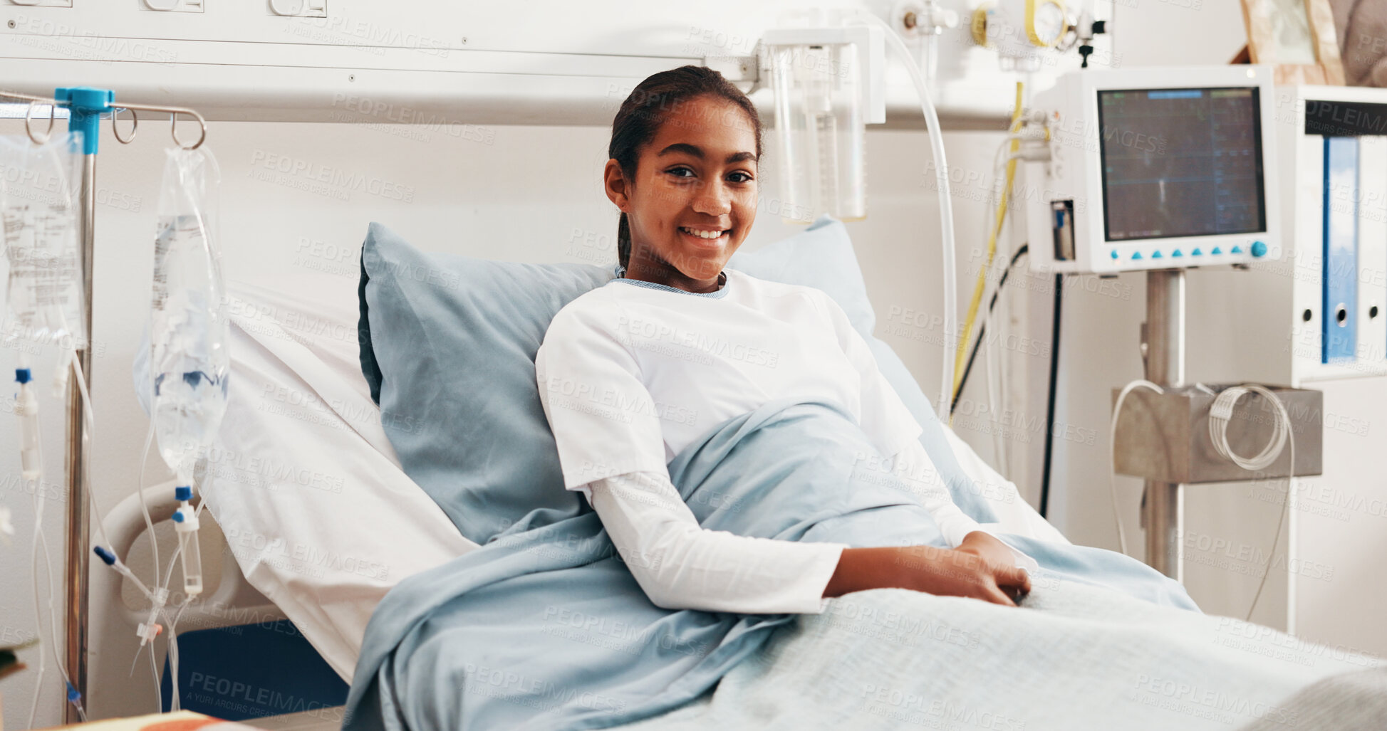 Buy stock photo Medical, smile or kid in hospital bed with portrait, clinical recovery or good mood in post surgery. Healthcare, patient or child with happy moment, positive attitude or healing in treatment progress