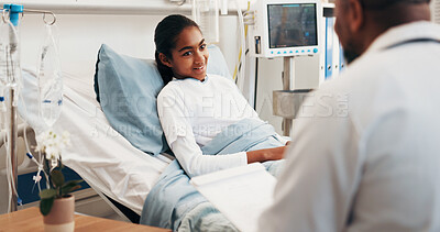 Buy stock photo Happy, doctor and child in hospital bed with checkup, good news or feedback for healing from disease. Healthcare worker, girl and smile in clinic with wellness update, help and advice for recovery.