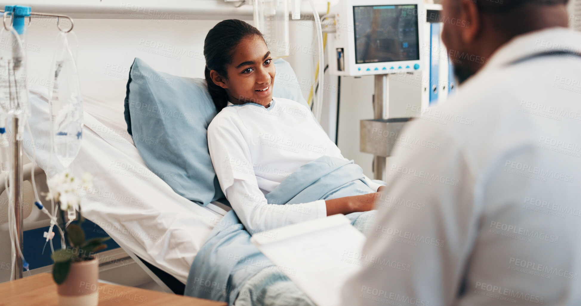 Buy stock photo Happy, doctor and child in hospital bed with checkup, good news or feedback for healing from disease. Healthcare worker, girl and smile in clinic with wellness update, help and advice for recovery.