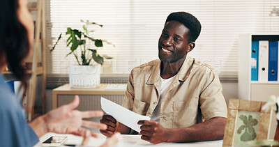 Buy stock photo Business, man and happy with document for meeting, performance review or salary increase contract. HR, employee and smile in office for promotion letter, permanent offer and compensation negotiation