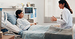 Doctor, woman and breathing tube in hospital bed with checkup, diagnosis update and asthma symptoms. Healthcare worker, person and talk in clinic with respiratory infection, advice and assistance.