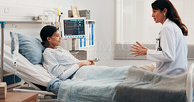 Buy stock photo Doctor, woman and breathing tube in hospital bed with checkup, diagnosis update and asthma symptoms. Healthcare worker, person and talk in clinic with respiratory infection, advice and assistance.