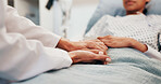 Medical, doctor or person in hospital bed with holding hands, comfort or empathy for diagnosis. Wellness, patient or surgeon in clinic with consoling, understanding or sympathy for healthcare results