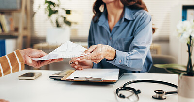 Buy stock photo Hands, doctor and sick note with patient in clinic for medical diagnosis, checklist or prescription. Woman, client and offer with document for healthcare assistance, consultation or information