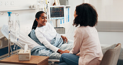 Buy stock photo Happy, mother and child in hospital bed with support, good news and visit for rehabilitation update. Woman, daughter and smile in medical clinic with recovery, parent care and assurance for healing.