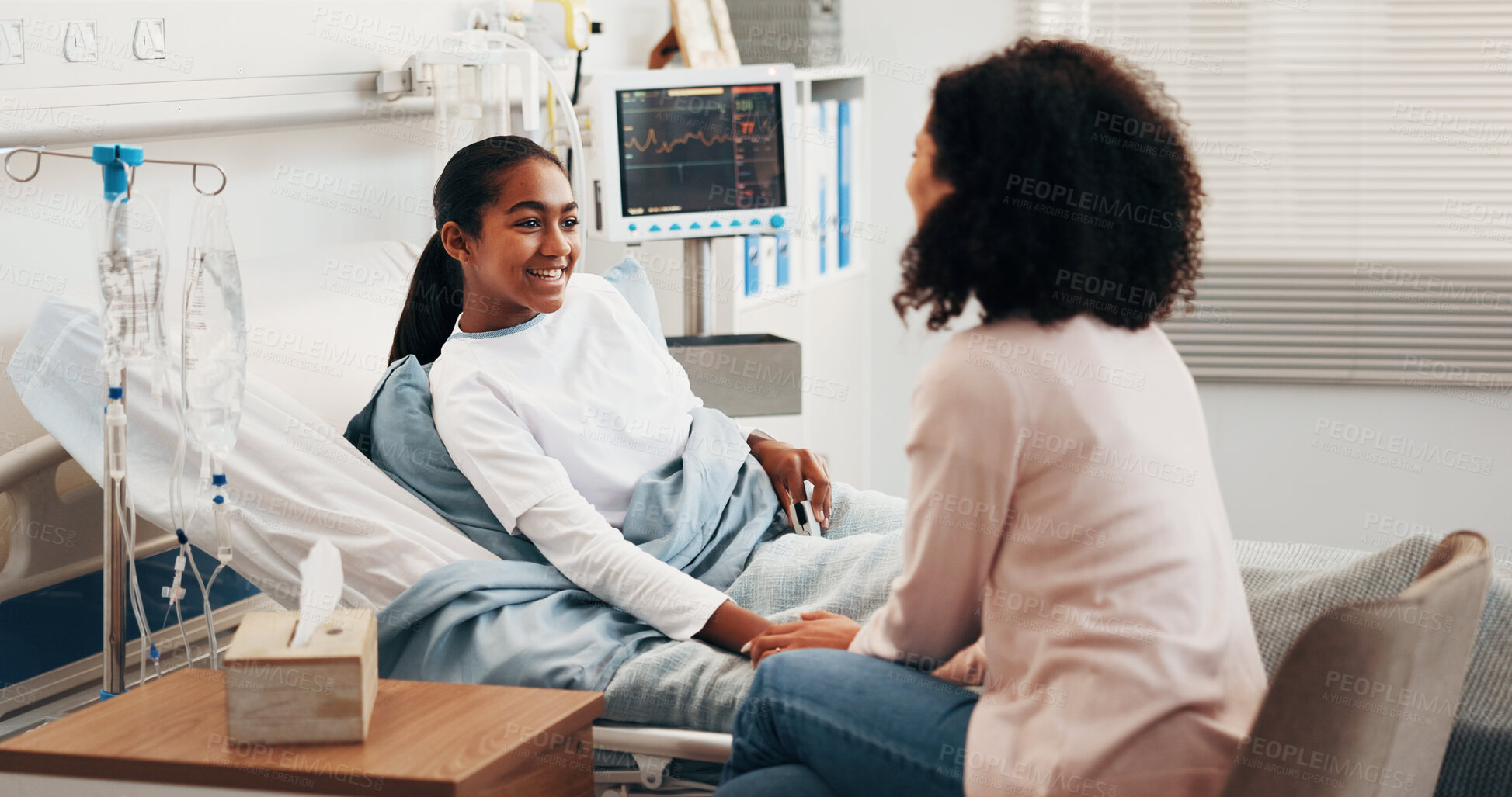Buy stock photo Happy, mother and child in hospital bed with support, good news and visit for rehabilitation update. Woman, daughter and smile in medical clinic with recovery, parent care and assurance for healing.