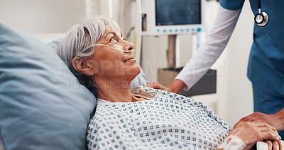 Buy stock photo Medical, nurse or old person with shoulder touch, comforting or empathy for hospital diagnosis. Compassion, senior patient or doctor with support, understanding or sympathy for healthcare results.