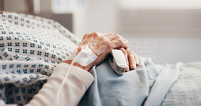 Buy stock photo Elderly, person and hands in hospital bed with iv drip, medical treatment and hydration for recovery. Healthcare, senior patient and healing in clinic with oximeter, intravenous fluid or antibiotics.
