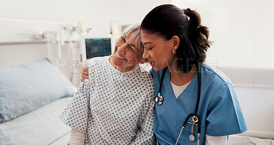 Buy stock photo Nurse, hug and old woman on hospital bed with smile, support and good news for recovery from disease. Happy, healthcare worker and senior person in clinic with embrace, conversation and healing.