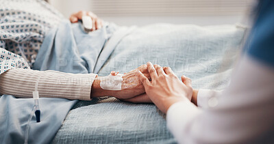 Buy stock photo Medical, nurse or old person in hospital with holding hands, comforting or empathy for diagnosis. Compassion, senior patient or doctor with consoling, understanding or sympathy for healthcare results