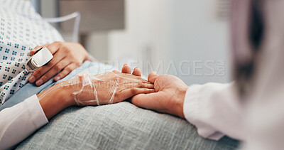 Buy stock photo Medical, doctor or person in hospital with holding hands, comforting or empathy for diagnosis. Wellness, patient or surgeon in clinic with consoling, understanding or sympathy for healthcare results.