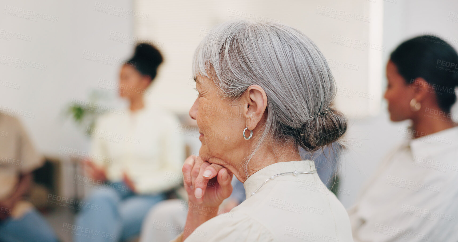 Buy stock photo Counseling, group or woman in clinic with thinking, advice reflection or insight on mental health. Consultation, patient or mature person with guidance, growth evaluation or attention in peer support
