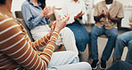 Hands, applause and support group in office, counseling and celebration for mental health progress. Therapy, circle and people with trauma recovery, achievement and clapping for personal growth