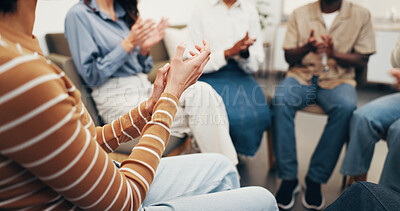 Buy stock photo Hands, applause and support group in office, counseling and celebration for mental health progress. Therapy, circle and people with trauma recovery, achievement and clapping for personal growth