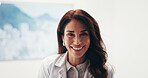Healthcare, doctor and woman in clinic with smile, wellness service and career experience. Mature person, medical expert and happy professional in hospital with integrity, portrait and confidence