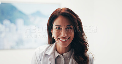 Buy stock photo Healthcare, doctor and woman in clinic with smile, wellness service and career experience. Mature person, medical expert and happy professional in hospital with integrity, portrait and confidence