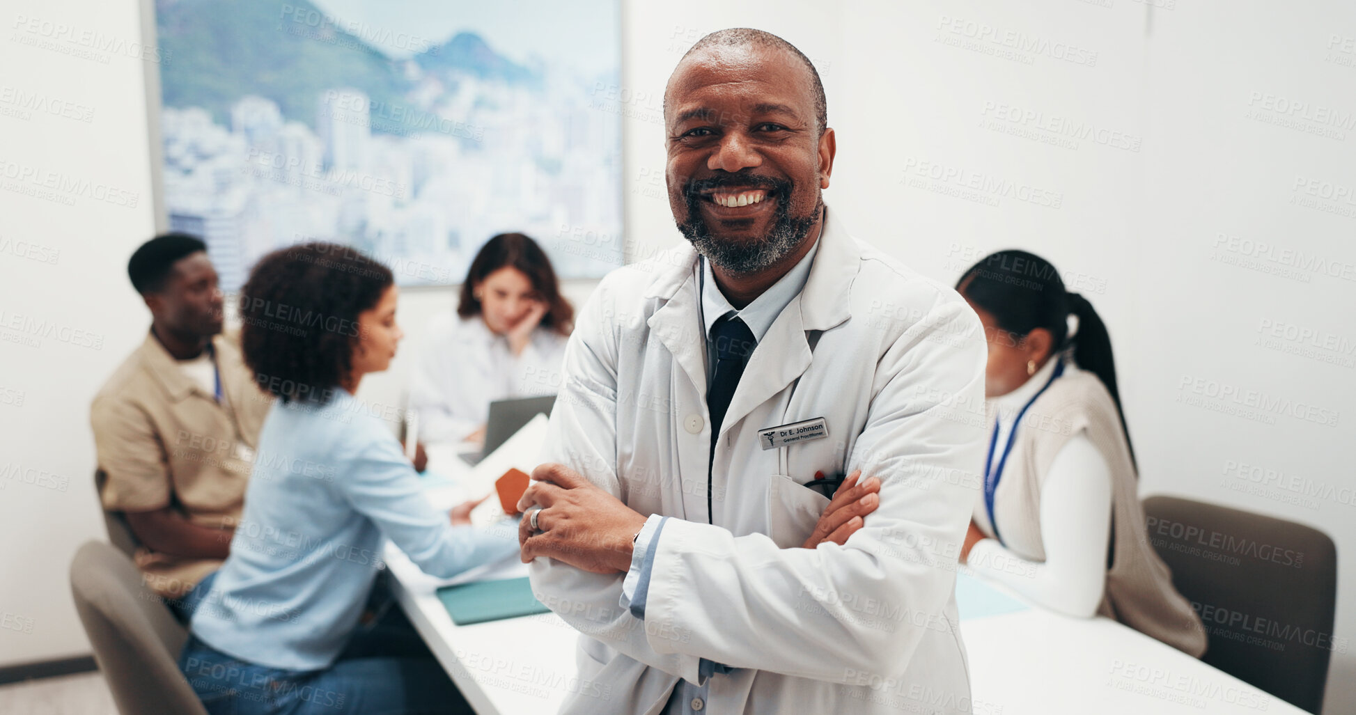 Buy stock photo Healthcare, doctor and man in meeting with confidence, leadership and career experience in hospital. Mature person, medical expert and happy professional with arms crossed, about us and portrait