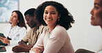 Medical, smile or woman in meeting with portrait, hospital lead or pride as clinical administrator. Happy, team or coordinator with about us, operations manager or confidence in healthcare service.