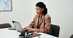 Laptop, woman and student doctor with research in boardroom for medical thesis or assessment. Female person, healthcare worker or studying with computer for health campaign or internship program