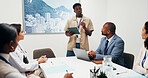 Medical student, talk and presentation with tablet in boardroom, research and explaining case study. Healthcare, team and people with technology, discussion and treatment plan on website in office